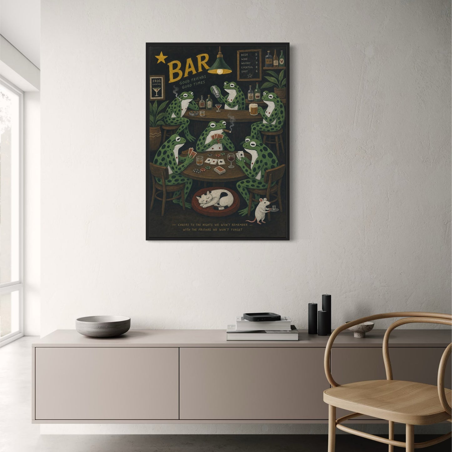 Frog Friends Bar Scene | Humorous Animal Art | Frogs Playing Cards and Drinking | Whimsical Pub Poster | Fun Print for Home Decor
