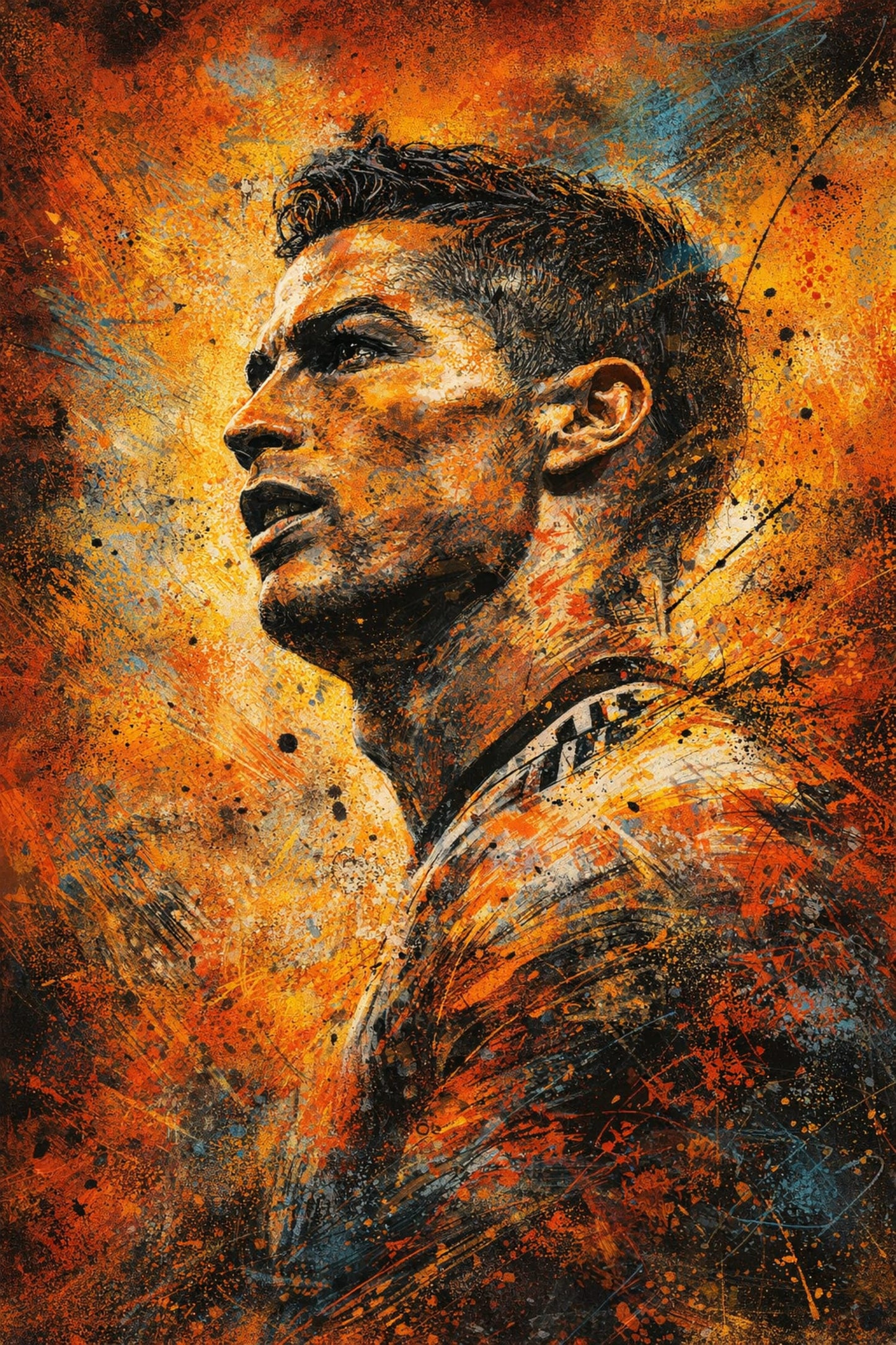 Athlete Art | Intense Sports-Themed Poster | Fiery Orange, Gold, Blue | Paint Splatter Style | High-Quality Print for Home Decor | Modern Urban Artistic Representation | Perfect for Sports Enthusiasts