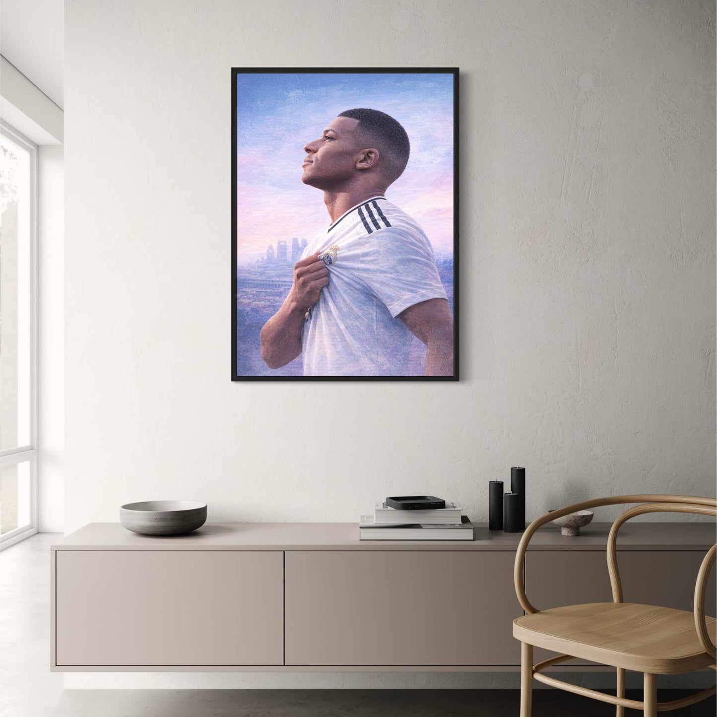 Inspirational Sports Artwork | Football Player Illustration with Team Emblem | Cityscape Background | Motivational Poster Print | Modern Decor for Sports Enthusiasts | Athletic Spirit and Dedication
