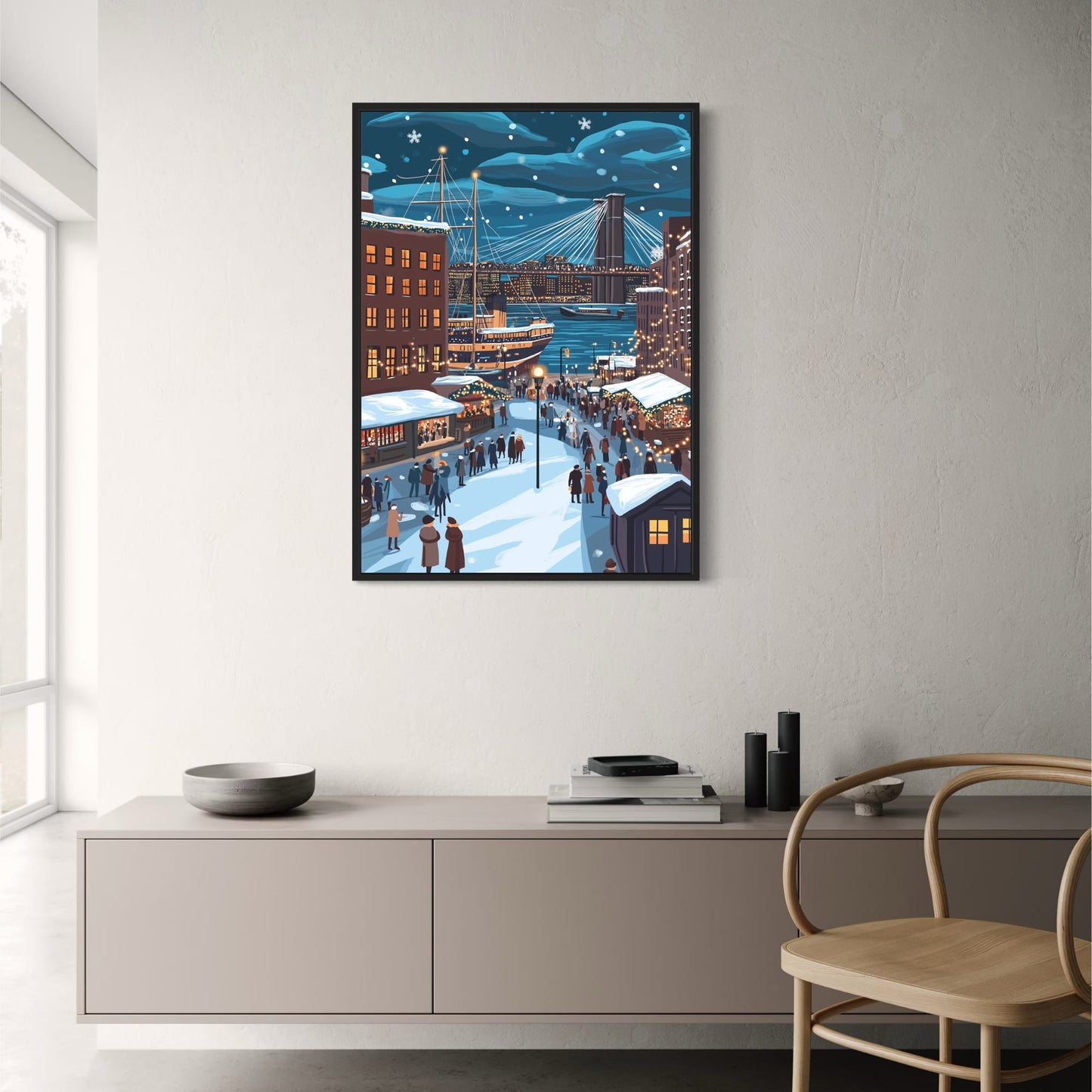 Festive Winter Cityscape | Charming Snow-Covered Streets | Cozy Market Stalls | Illuminated Architecture at Night | Enchanting Urban Harbor | Holiday Season Art | Decorative Poster Print