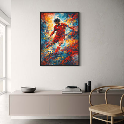Mohamed Salah | Soccer Action | Vibrant Splatter Art | Abstract Football Print | Expressive Brush Strokes | Red Sports Uniform | Sports Enthusiasts Decor | High-Quality Poster for Home or Office