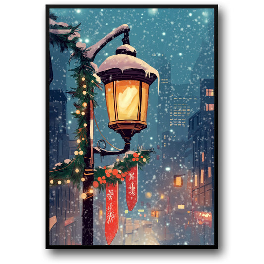 Festive Winter Street Scene | Illuminated Vintage Lamp Post | Snowy Cityscape Backdrop | Holiday Lights | Seasonal Home Decor | Poster | Print