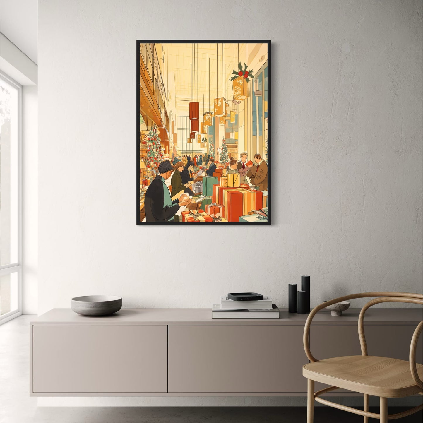 Festive Shopping Scene | Christmas Decor & Gift Exchange | Stylish Department Store | Seasonal Gift Boxes | Holiday Spirit Poster & Print