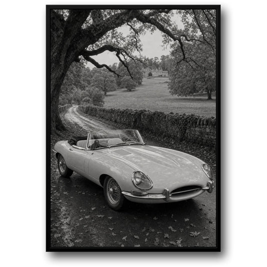 Vintage Car in Countryside Scene | Classic Roadster Art | Timeless Black and White Print | Elegant Poster for Home Decor