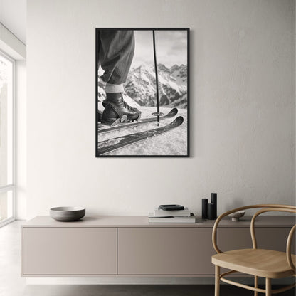 Vintage Ski Boots and Skis on Snowy Mountain | Retro Winter Sports Wall Art | Black and White Photography Print Poster