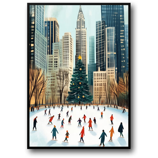 Winter Wonderland Cityscape | Ice Skating Scene | Vibrant Holiday Decor | Christmas Tree | Urban Outdoor Rink Print | Festive Poster