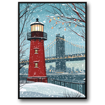 Scenic Winter Wonderland Art | Red Lighthouse in Snow | Cityscape & Bridge | Holiday Lights & Falling Snowflakes | Nature Enthusiast Gift | Large Wall Print | Tranquil Seasonal Decor | Serene Atmosphere