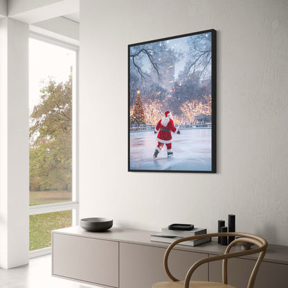 Enchanting Urban Christmas Scene | Santa Claus Ice Skating | Festive Wonderland Poster | Glittering Holiday Decor | Christmas Lights & Decor | Snow-Covered Cityscape | Magical Seasonal Print | Home & Office Wall Art