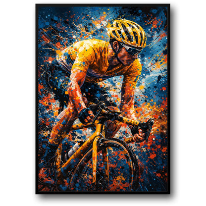Sports Art | Intense Cyclist in Yellow Jersey | Blue & Orange Splashes | Energy & Motion | Motivational Poster Print