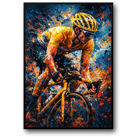 Sports Art | Intense Cyclist in Yellow Jersey | Blue & Orange Splashes | Energy & Motion | Motivational Poster Print