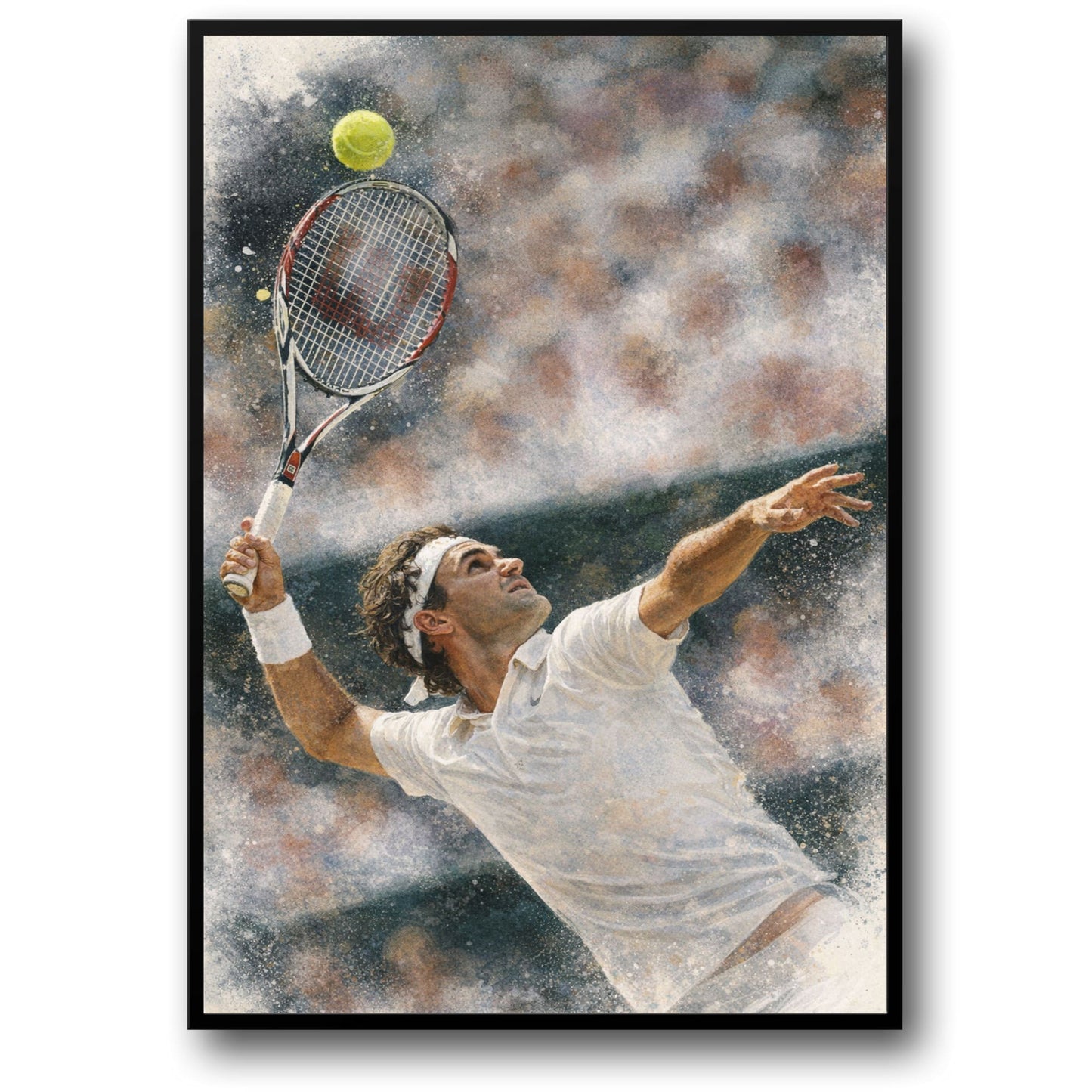 Roger Federer | Tennis Scene | Watercolor Style | Action-Packed Tennis Player Serve | Sport Room Art | Vibrant Action Poster Print