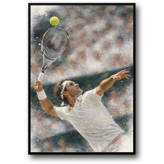 Roger Federer | Tennis Scene | Watercolor Style | Action-Packed Tennis Player Serve | Sport Room Art | Vibrant Action Poster Print