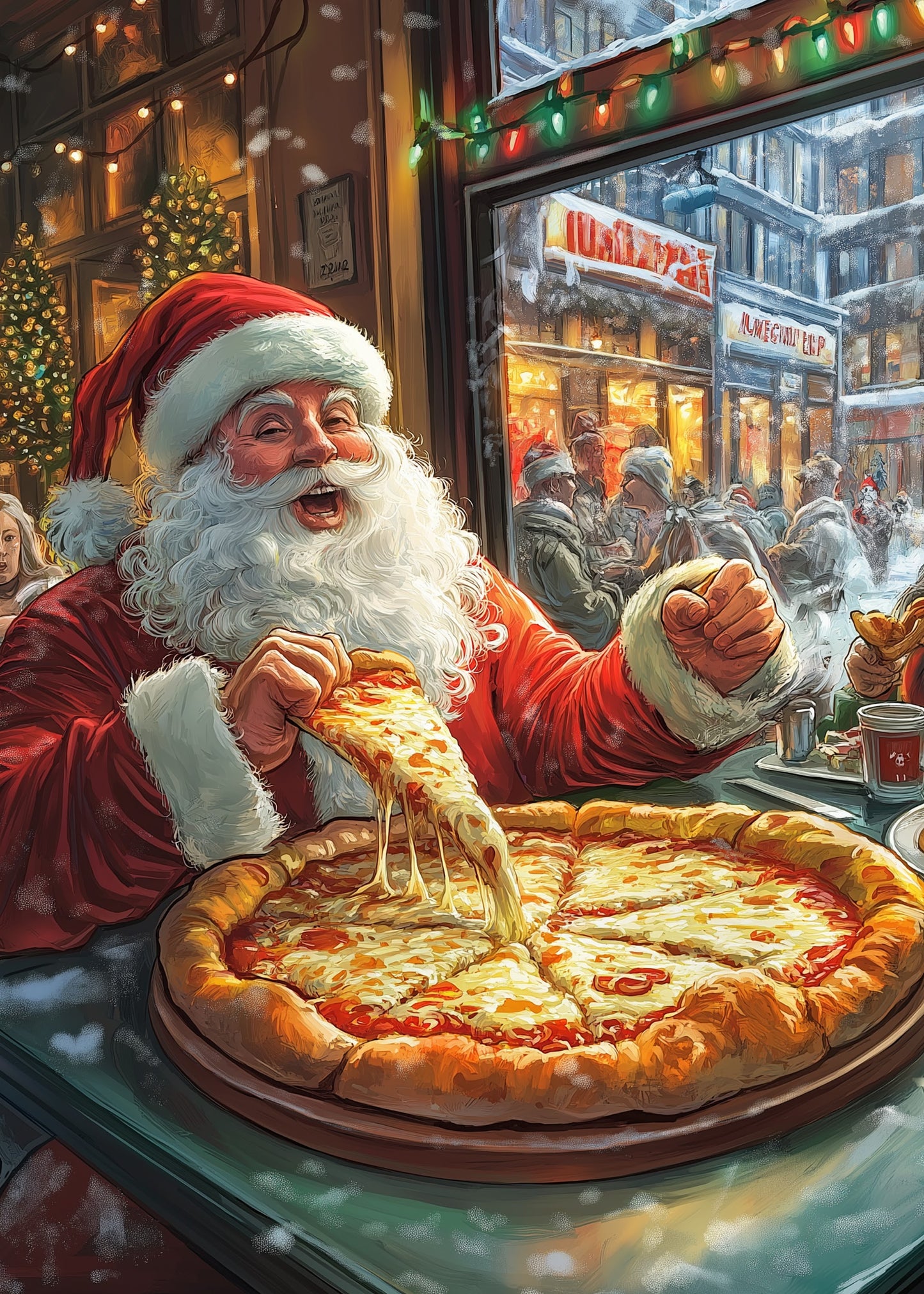 Santa Claus | Festive Holiday Pizza Celebration | Cozy Winter Café | Christmas Lights | Snowy Streetscape | Seasonal Cheer | Poster Print