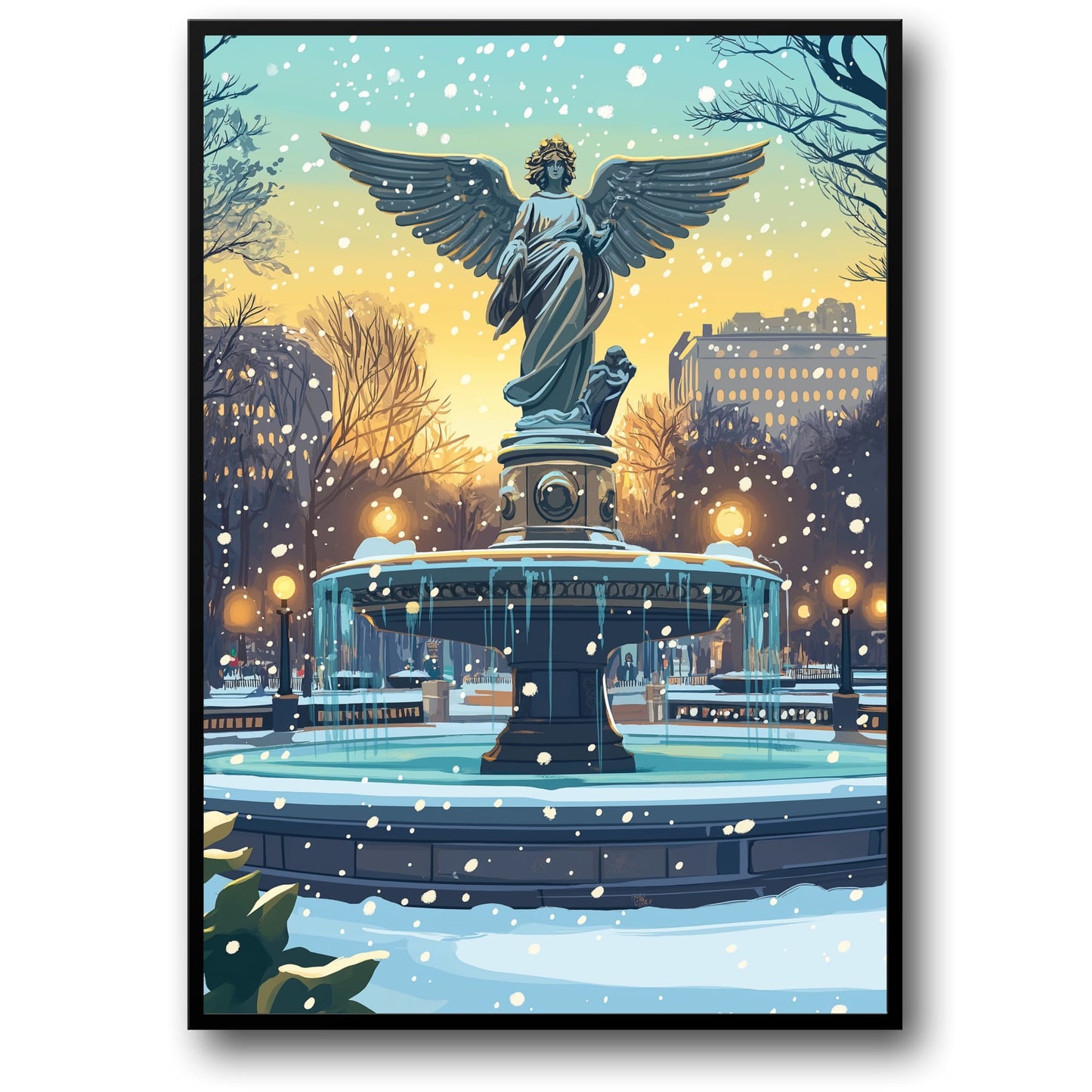 Vibrant Angelic Statue | Snow-Covered Park Scene | Icy Details & Historic Architecture | Winter Wonderland | Serene Snowfall | Golden Twilight Sky | Elegant Art Print Poster for Home Decor | Urban Park Beauty