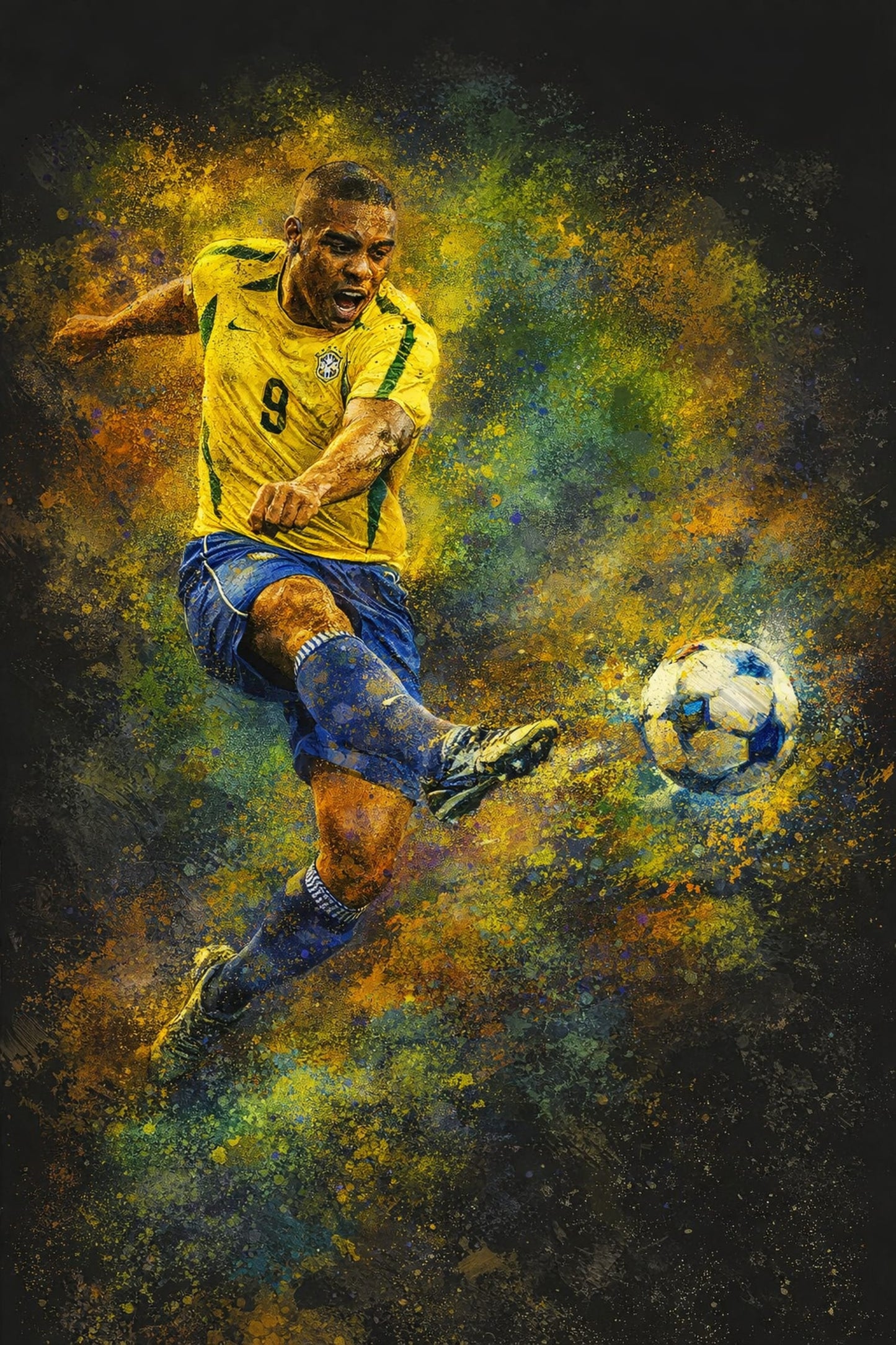 Brazilian Soccer Player Art | Sports Poster with Kick | Energetic Yellow Green Blue Splash | Home Wall Decor Print