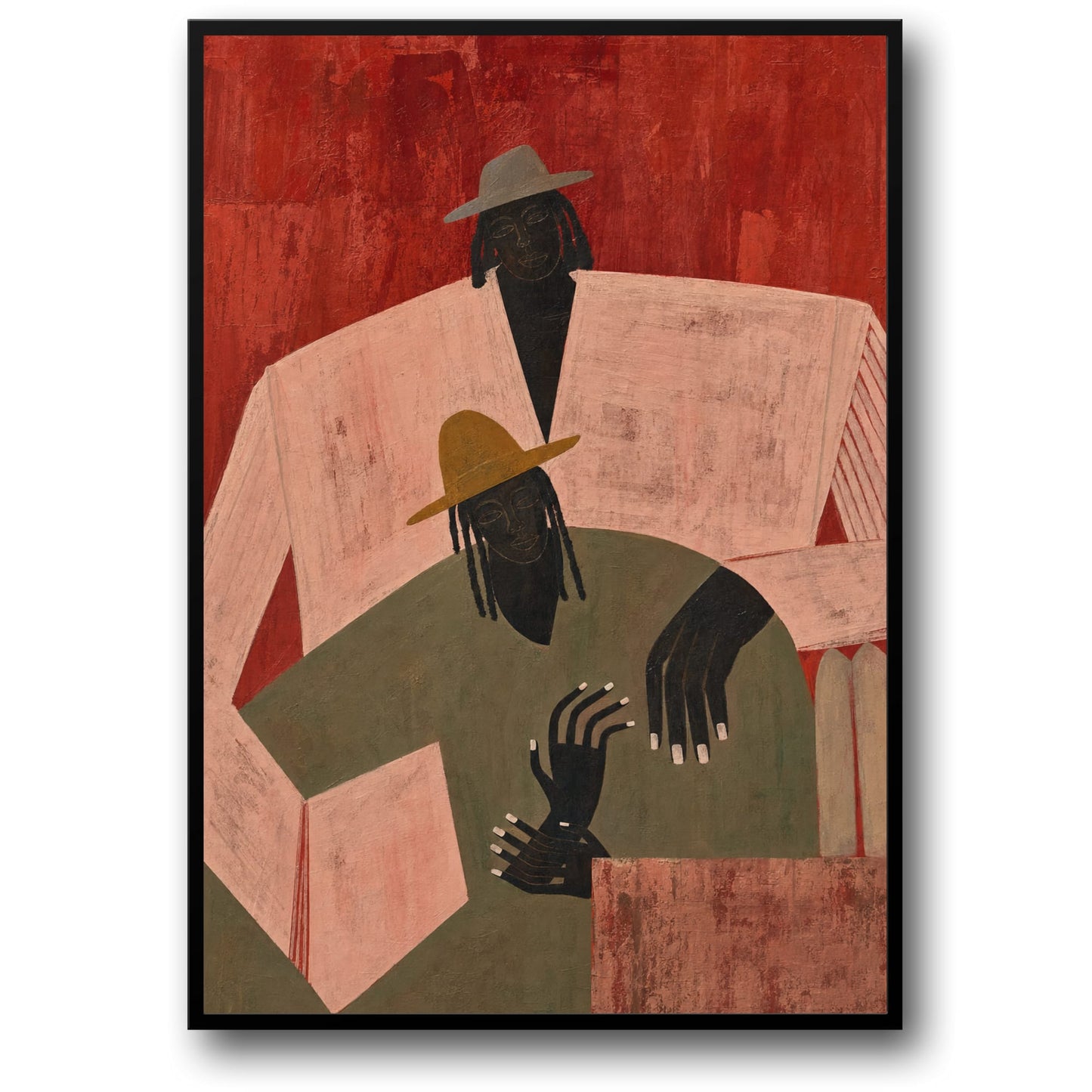 Artistic Expression | Abstract Figures with Hats | Unique Painting Style | Colorful Modern Poster Print | Bold Design Artwork
