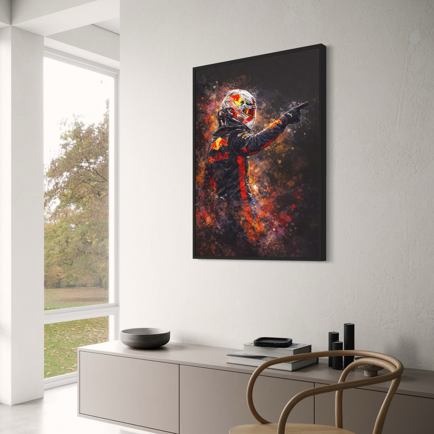 Max Verstappen | Racing Driver Artwork | Motorsport Print | Red Bull Branding | Vibrant Red & Black | Splatter Art Background | High-Speed Energy | Decorative Poster