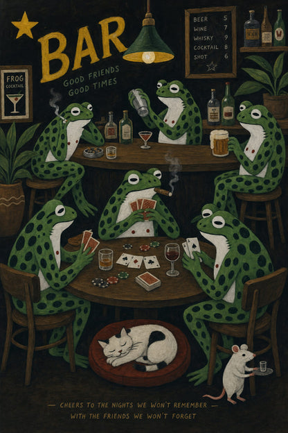 Frog Friends Bar Scene | Humorous Animal Art | Frogs Playing Cards and Drinking | Whimsical Pub Poster | Fun Print for Home Decor