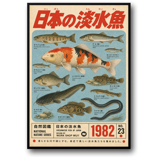 Freshwater Fish of Japan 1982 | Vintage National Nature Series | Illustrated Japanese Aquatic Life Print Poster Decor