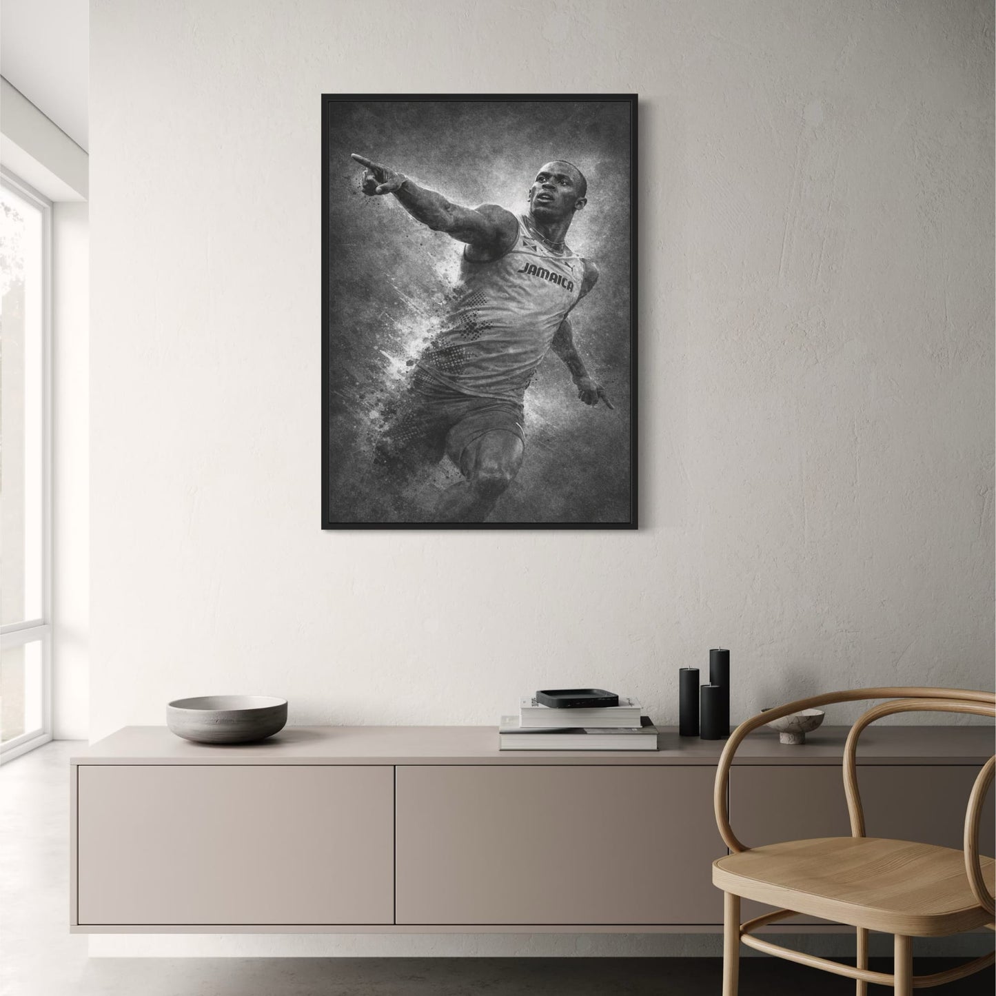 Usain Bolt | Sports Wall Art | Athlete in Jamaica Jersey | Artistic Grunge Style | Monochrome Print for Home, Office, Gym Decor | Energetic & Motivational Poster | Inspiring Athletic Art Print