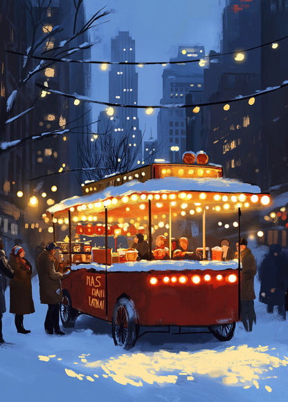 Charming Winter Cityscape | Vintage Hot Dog Stand | Festive Holiday Lights | Snowy Urban Atmosphere | Nostalgic Street Scene Poster | Winter Wonderland | Skyscrapers | Illuminated Trees | Cozy Market Print