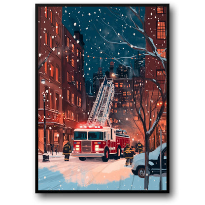 Vibrant City Nightscape | Heroic Firefighters in Action | Ladder Truck in Snow-Covered Urban Scene | Street Art Print | Urban Poster