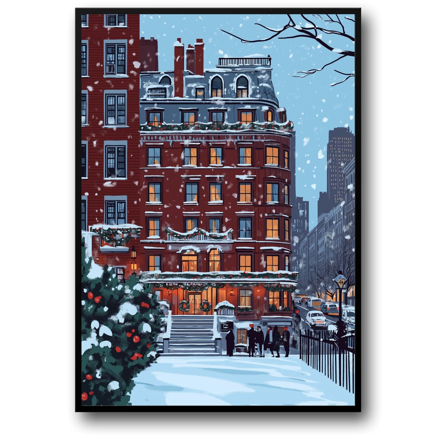 Charming Winter Cityscape | Snow-Covered Urban Setting | Red Brick Buildings | Elegant Lanterns | Poster Print | Festive Evergreens | Cozy Atmosphere | Historical Neighborhood | Serene Evening Scene