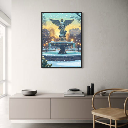 Vibrant Angelic Statue | Snow-Covered Park Scene | Icy Details & Historic Architecture | Winter Wonderland | Serene Snowfall | Golden Twilight Sky | Elegant Art Print Poster for Home Decor | Urban Park Beauty