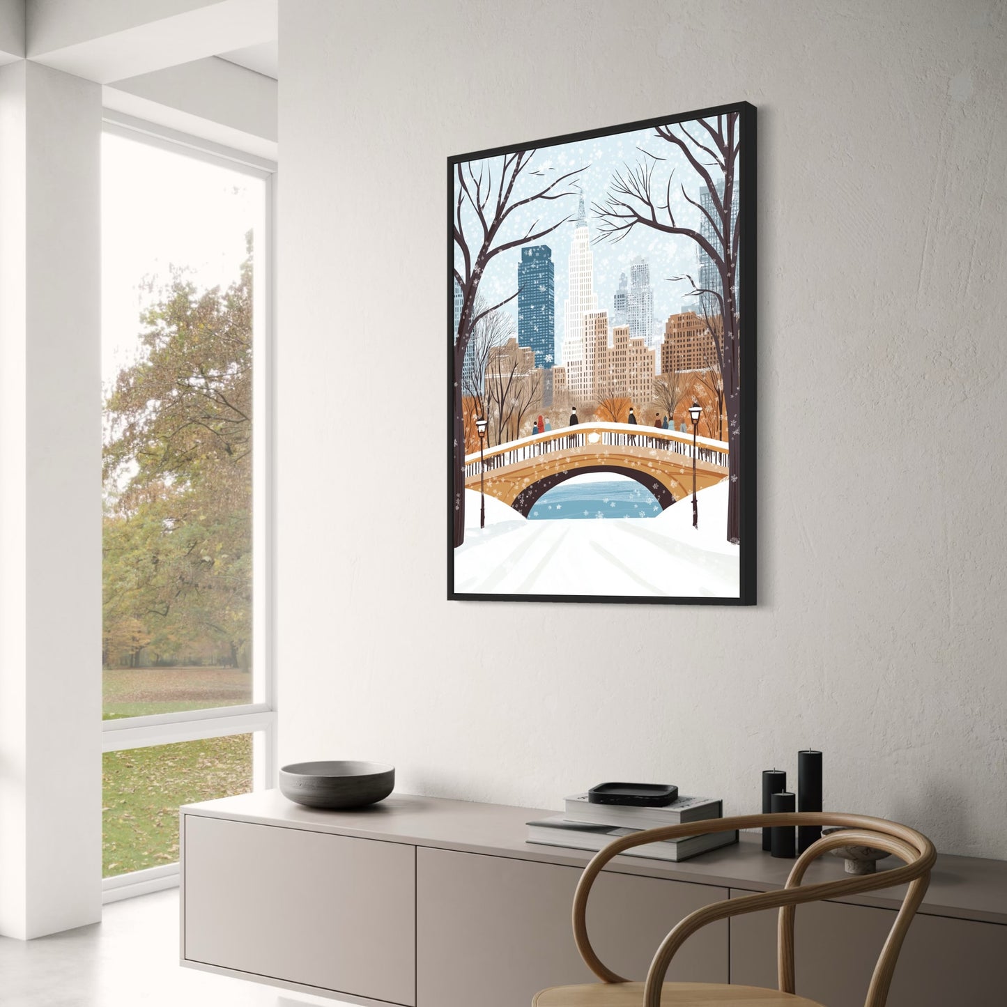 Scenic Winter Cityscape | Urban Skyline Poster with Snowfall | Elegant Snow-Covered Trees | Skyscrapers and Lamp Posts | People in Winter Attire | Home & Office Decoration | Festive Seasonal Print