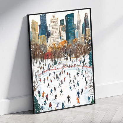 Festive Winter Wonderland | Vibrant Cityscape Background | Crowd of Skaters | Urban Snow-Filled Holiday Experience | Poster | Print