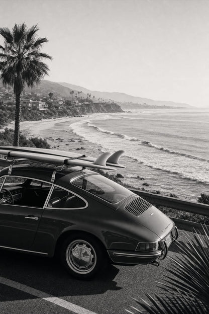 Vintage Beach Drive | Classic Car with Surfboard by Ocean | Palm Trees Scenic View Art Print Poster