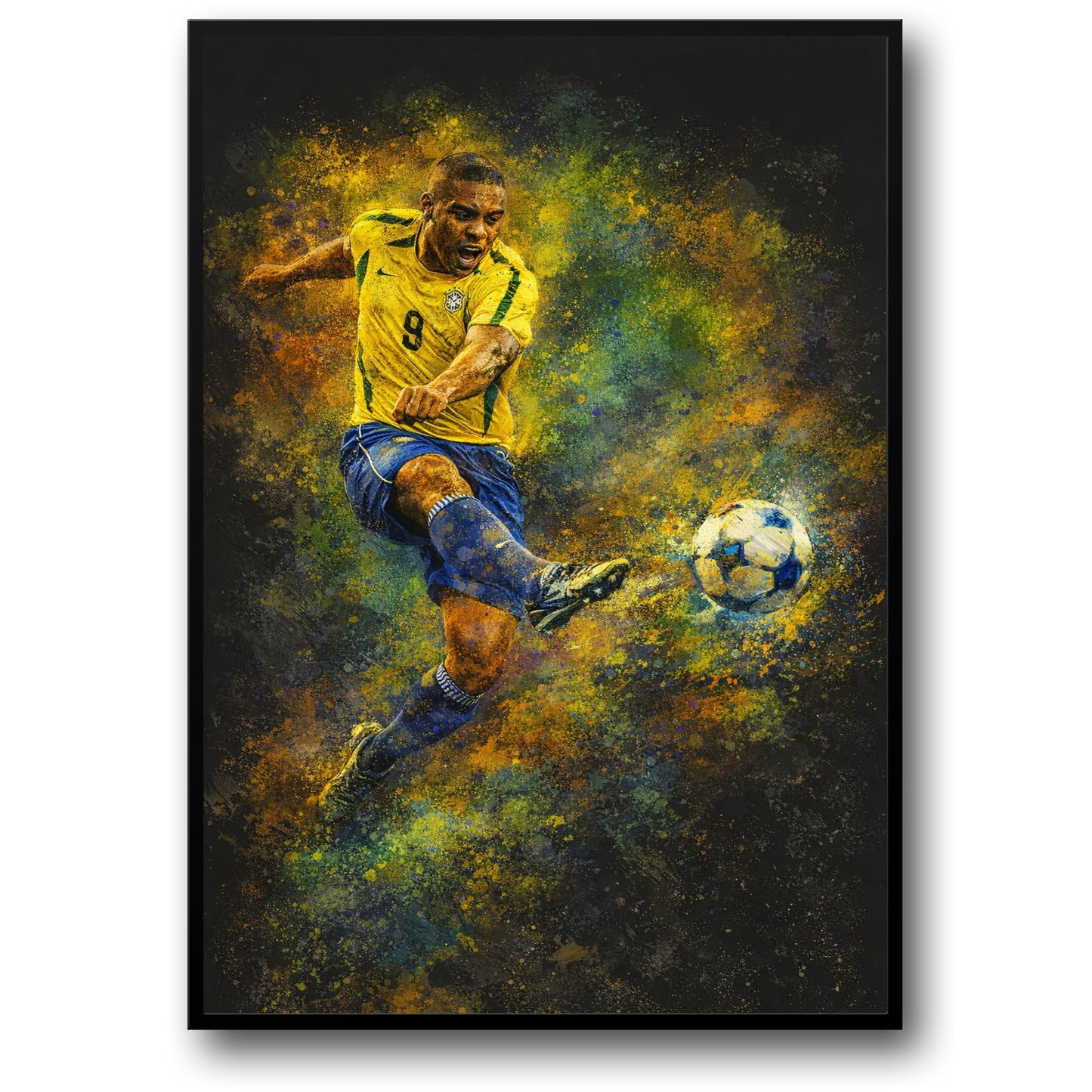 Brazilian Soccer Player Art | Sports Poster with Kick | Energetic Yellow Green Blue Splash | Home Wall Decor Print