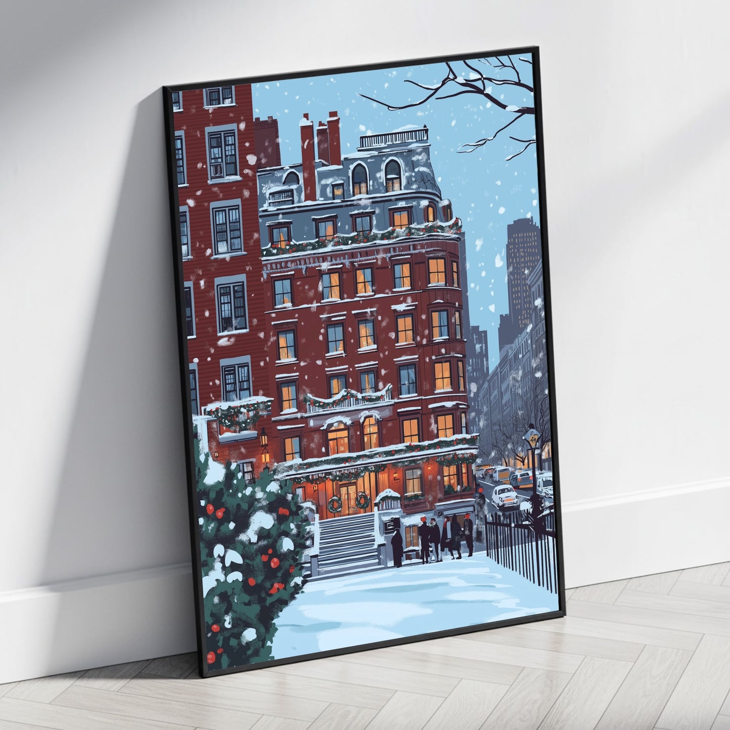 Charming Winter Cityscape | Snow-Covered Urban Setting | Red Brick Buildings | Elegant Lanterns | Poster Print | Festive Evergreens | Cozy Atmosphere | Historical Neighborhood | Serene Evening Scene