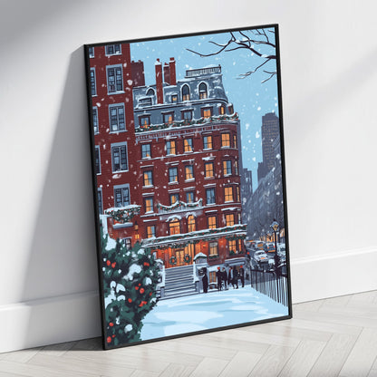 Charming Winter Cityscape | Snow-Covered Urban Setting | Red Brick Buildings | Elegant Lanterns | Poster Print | Festive Evergreens | Cozy Atmosphere | Historical Neighborhood | Serene Evening Scene