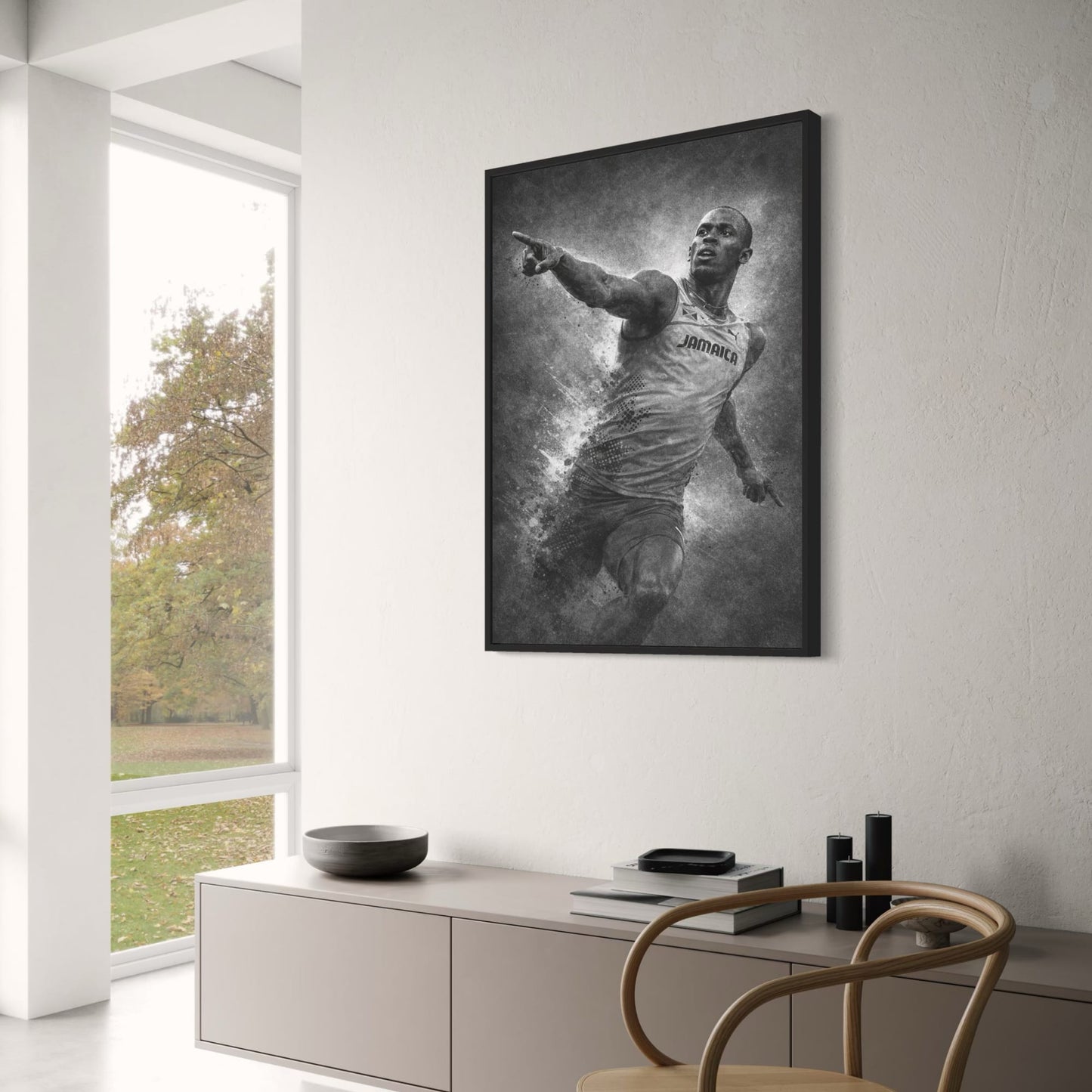 Usain Bolt | Sports Wall Art | Athlete in Jamaica Jersey | Artistic Grunge Style | Monochrome Print for Home, Office, Gym Decor | Energetic & Motivational Poster | Inspiring Athletic Art Print