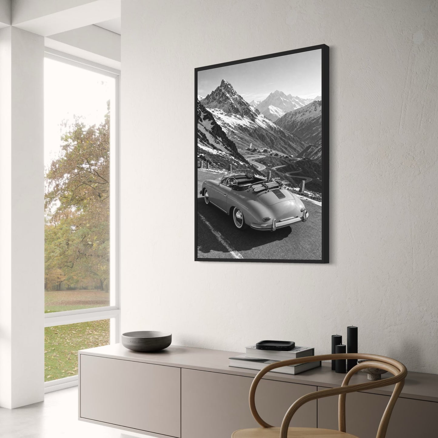 Vintage Convertible in Alpine Mountains | Black and White Scenic Poster | Classic Car Wall Art Print