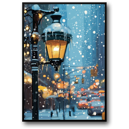 Winter Wonderland | Urban Street Scene | Snow-Covered Lamp Post | Falling Snowflakes | Cityscape Backdrop | Warm Glowing Print | Home Office Decor Poster