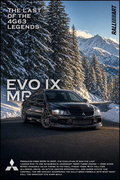 Mitsubishi Lancer Evolution IX MR Turbo | Iconic Car Art | Snowy Mountain Road Scenery | Legendary 4G63 Engine Tribute Poster Print