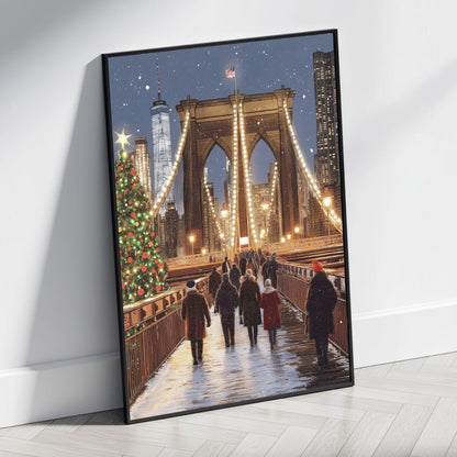 Brooklyn Bridge Festive Night | New York City Skyline | Illuminated Historic Architecture | Christmas Tree Print | Snowfall Poster | Iconic Holiday Atmosphere Art | Winter Coats | American Flag Visual Decor