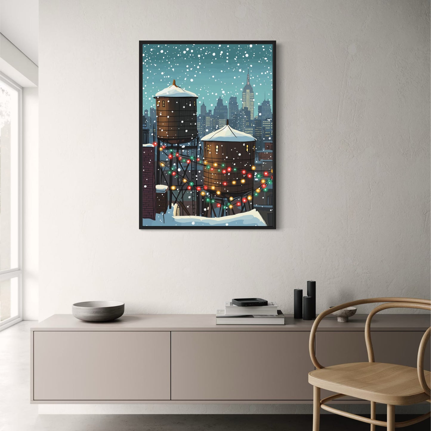 Festive Winter Cityscape | Snow-Covered Rooftops | Colorful Holiday Lights | Urban Setting | Snowy Night Poster | Skyline Print