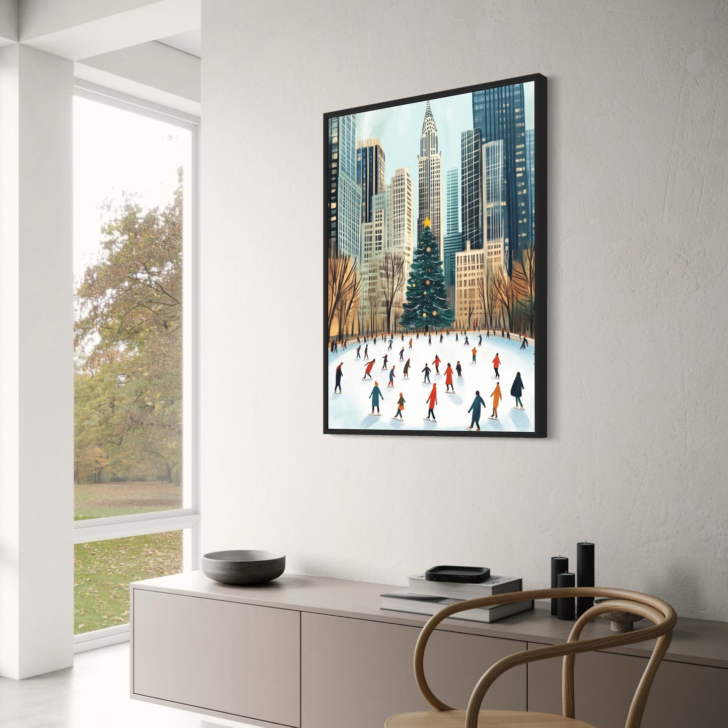 Winter Wonderland Cityscape | Ice Skating Scene | Vibrant Holiday Decor | Christmas Tree | Urban Outdoor Rink Print | Festive Poster