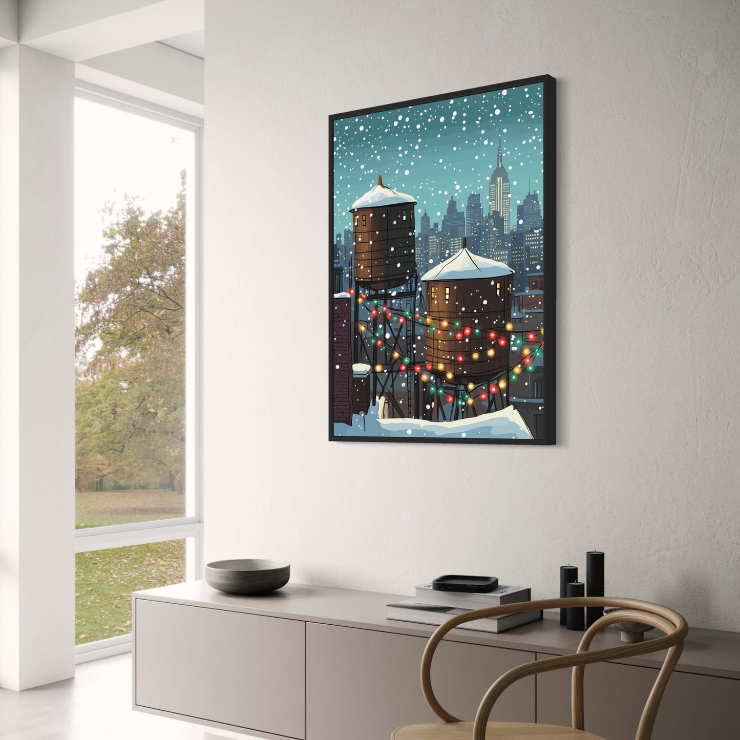 Festive Winter Cityscape | Snow-Covered Rooftops | Colorful Holiday Lights | Urban Setting | Snowy Night Poster | Skyline Print