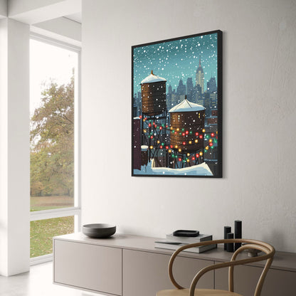 Festive Winter Cityscape | Snow-Covered Rooftops | Colorful Holiday Lights | Urban Setting | Snowy Night Poster | Skyline Print