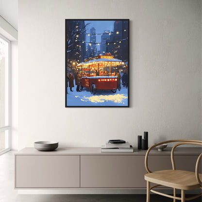 Charming Winter Cityscape | Vintage Hot Dog Stand | Festive Holiday Lights | Snowy Urban Atmosphere | Nostalgic Street Scene Poster | Winter Wonderland | Skyscrapers | Illuminated Trees | Cozy Market Print