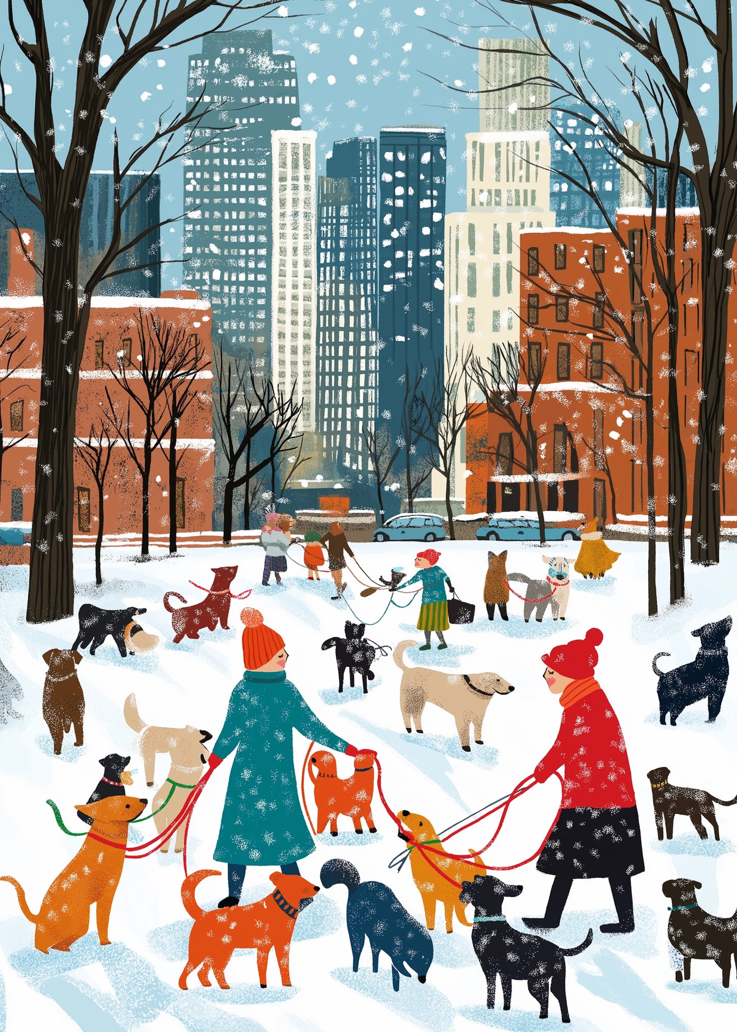 Charming Urban Winter Scene | Vibrant Dogs & Snowy Park | Skyline & Falling Snowflakes | Red Brick Buildings | Seasonal Poster Print