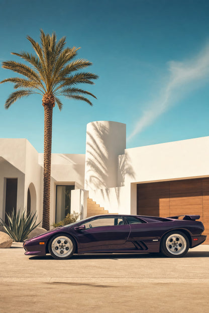 Luxury Sports Car & Palm Tree Art | Exotic Car Wall Decor | Elegant Architecture Scene Poster | Premium Print
