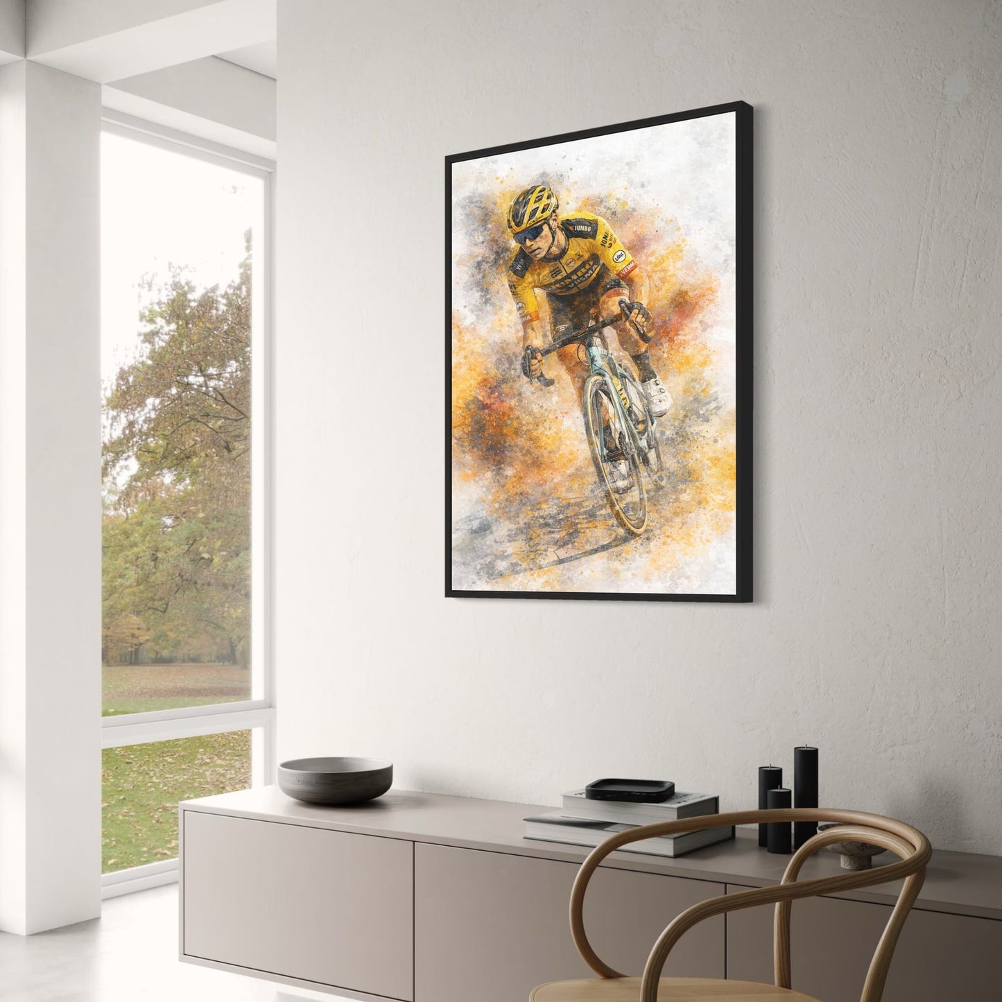 Cycling Wall Art | Professional Road Cyclist in Yellow & Black Team Kit | Modern Sports Poster Print for Gym or Home Decor Enthusiasts
