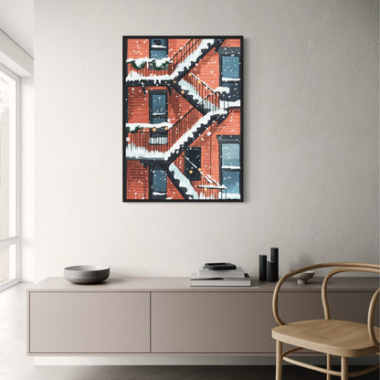 Charming Urban Fire Escape Snow Scene | Brick Building with Holiday Greenery & String Lights | Winter City Poster | Art Print | Wall Decor for City Lovers & Architecture Enthusiasts | Seasonal Artwork