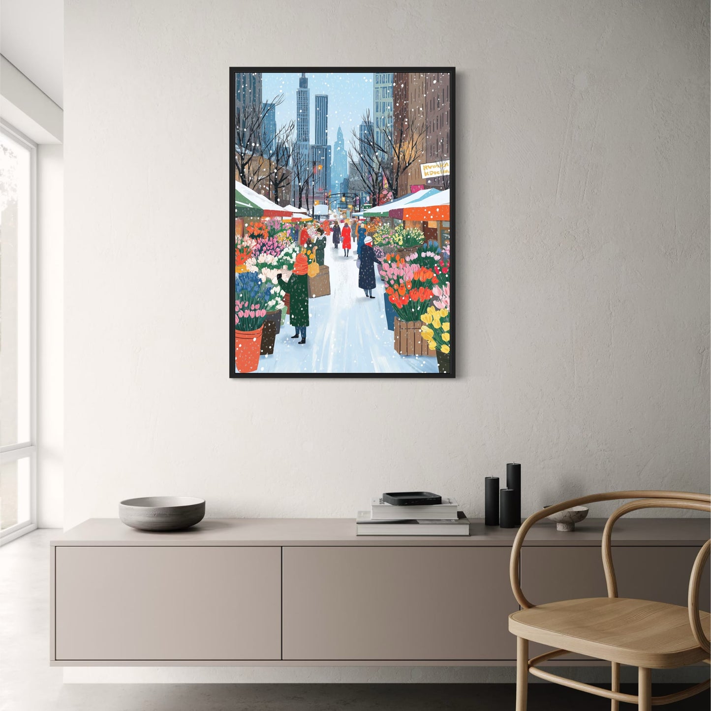 Colorful Urban Winter Street Scene | Vibrant Flower Stalls | People Amidst Snowflakes | Skyscrapers & Trees Backdrop | City Life Charm | Tulips & Daffodils | Wall Decor Print Poster