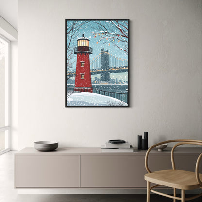Scenic Winter Wonderland Art | Red Lighthouse in Snow | Cityscape & Bridge | Holiday Lights & Falling Snowflakes | Nature Enthusiast Gift | Large Wall Print | Tranquil Seasonal Decor | Serene Atmosphere